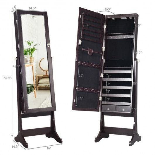 Lockable Mirrored Jewelry Cabinet with Stand and Led Lights-Brown W2B