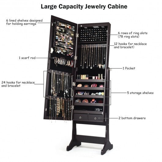 Lockable Mirrored Jewelry Cabinet with Stand and Led Lights-Brown W2B
