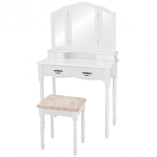 Simple Vanity Set with Tri-Folding Mirror Drawers and Storage Shelf-White W2B
