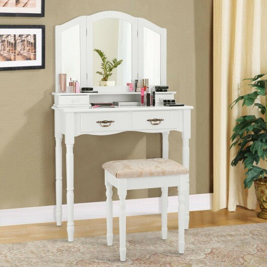 Simple Vanity Set with Tri-Folding Mirror Drawers and Storage Shelf-White W2B