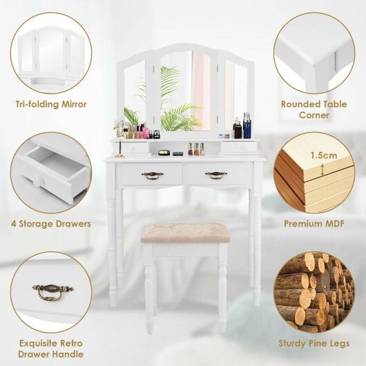 Simple Vanity Set with Tri-Folding Mirror Drawers and Storage Shelf-White W2B