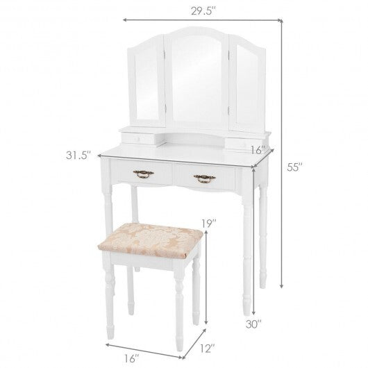 Simple Vanity Set with Tri-Folding Mirror Drawers and Storage Shelf-White W2B