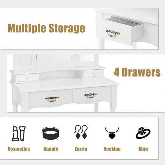 Simple Vanity Set with Tri-Folding Mirror Drawers and Storage Shelf-White W2B