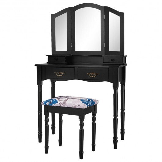 Simple Vanity Set with Tri-Folding Mirror Drawers and Storage Shelf-White W2B