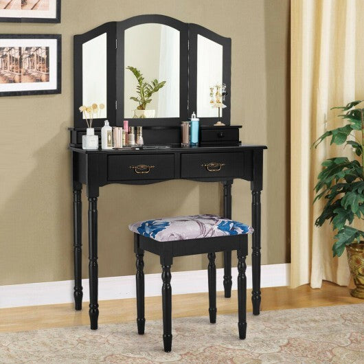 Simple Vanity Set with Tri-Folding Mirror Drawers and Storage Shelf-White W2B