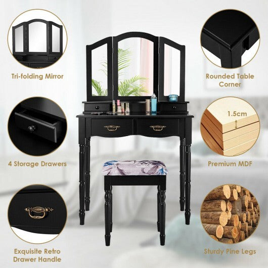 Simple Vanity Set with Tri-Folding Mirror Drawers and Storage Shelf-White W2B