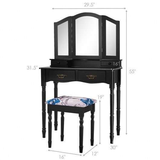 Simple Vanity Set with Tri-Folding Mirror Drawers and Storage Shelf-White W2B