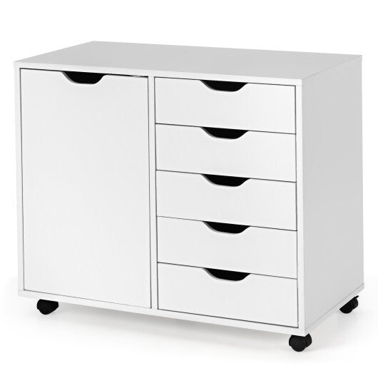 5-Drawer Rolling Storage Cart with Side Cabinet-Black W2B