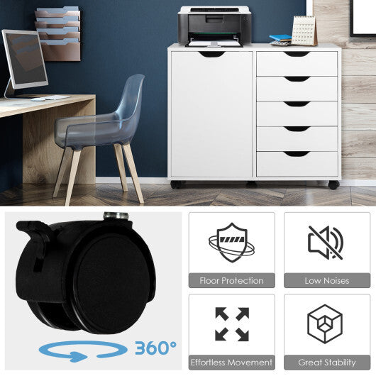 5-Drawer Rolling Storage Cart with Side Cabinet-Black W2B
