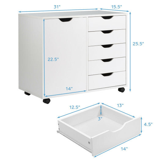 5-Drawer Rolling Storage Cart with Side Cabinet-Black W2B