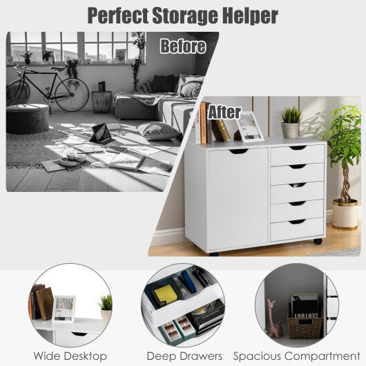 5-Drawer Rolling Storage Cart with Side Cabinet-Black W2B