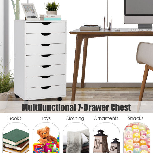 7-Drawer Chest Storage Dresser Floor Cabinet Organizer with Wheels-White W2B