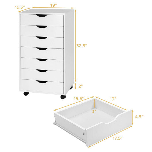 7-Drawer Chest Storage Dresser Floor Cabinet Organizer with Wheels-White W2B