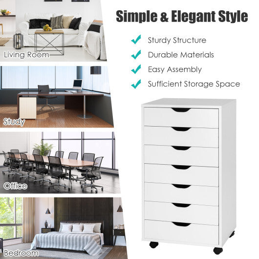 7-Drawer Chest Storage Dresser Floor Cabinet Organizer with Wheels-White W2B