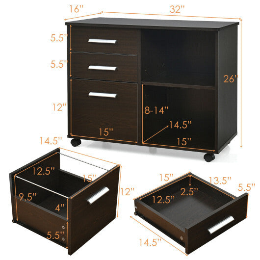 3-Drawer Mobile Lateral File Cabinet Printer Stand-Black W2B