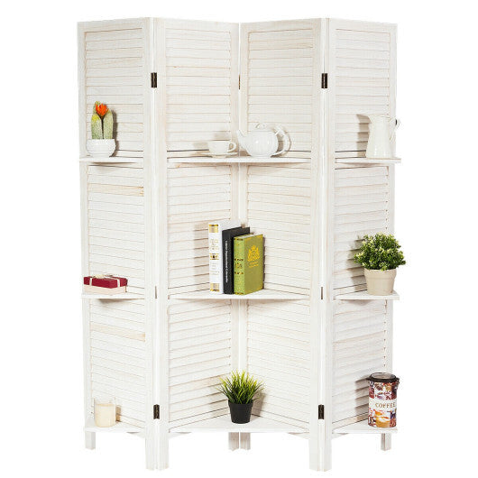 4 Panel Folding Room Divider Screen with 3 Display Shelves-White W2B