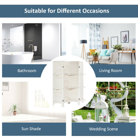 4 Panel Folding Room Divider Screen with 3 Display Shelves-White W2B