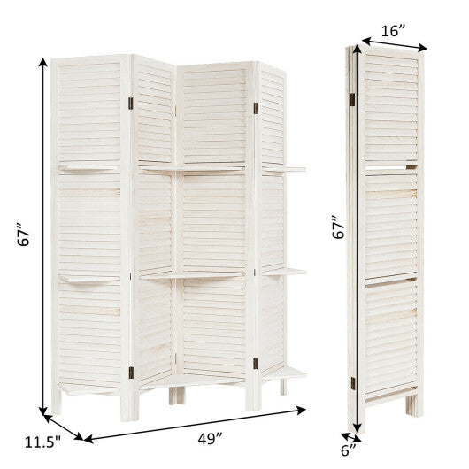 4 Panel Folding Room Divider Screen with 3 Display Shelves-White W2B