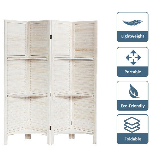 4 Panel Folding Room Divider Screen with 3 Display Shelves-White W2B