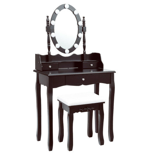 Oval Mirror Vanity Set  with 10 LED Dimmable Bulbs and 3 Drawers-Brown W2B
