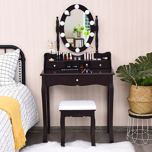 Oval Mirror Vanity Set  with 10 LED Dimmable Bulbs and 3 Drawers-Brown W2B