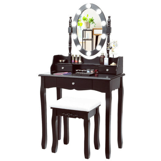 Oval Mirror Vanity Set  with 10 LED Dimmable Bulbs and 3 Drawers-Brown W2B