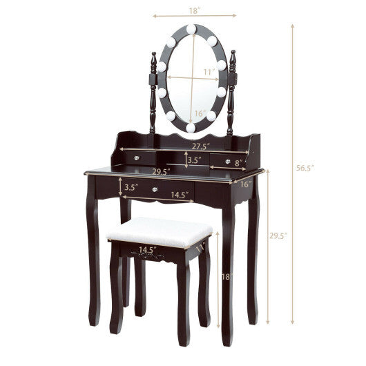 Oval Mirror Vanity Set  with 10 LED Dimmable Bulbs and 3 Drawers-Brown W2B