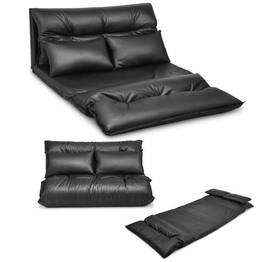 Foldable PU Leather Leisure Floor Sofa Bed with 2 Pillows-Black W2B