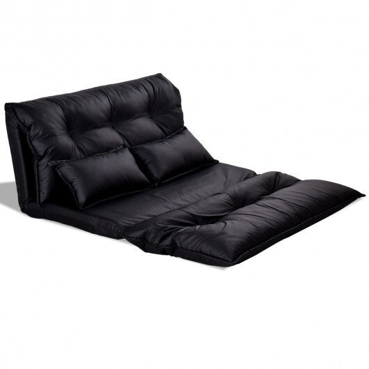 Foldable PU Leather Leisure Floor Sofa Bed with 2 Pillows-Black - Color: Black W2B