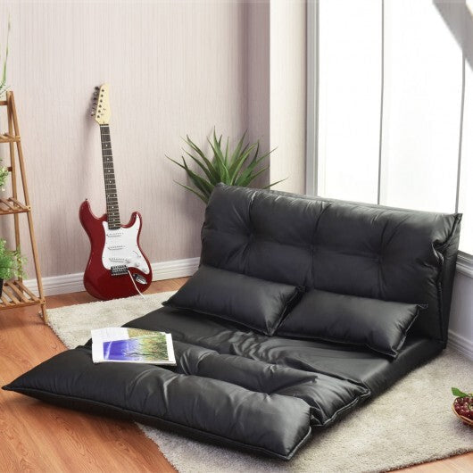 Foldable PU Leather Leisure Floor Sofa Bed with 2 Pillows-Black - Color: Black W2B