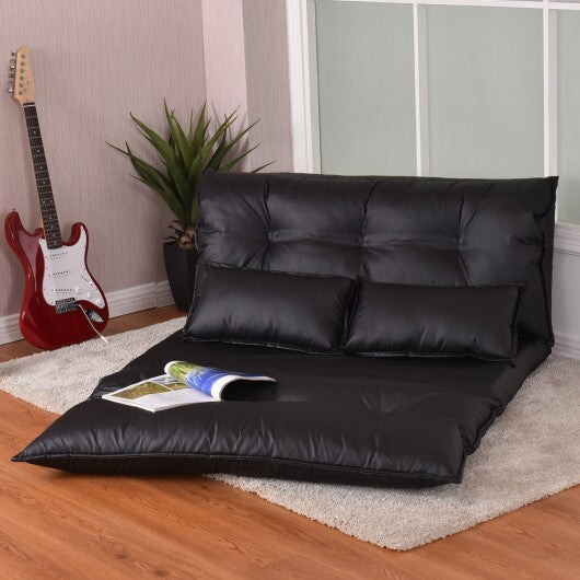 Foldable PU Leather Leisure Floor Sofa Bed with 2 Pillows-Black - Color: Black W2B