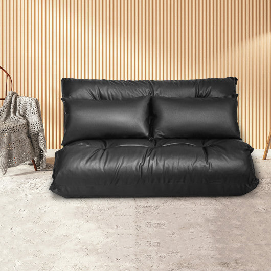 Foldable PU Leather Leisure Floor Sofa Bed with 2 Pillows-Black W2B