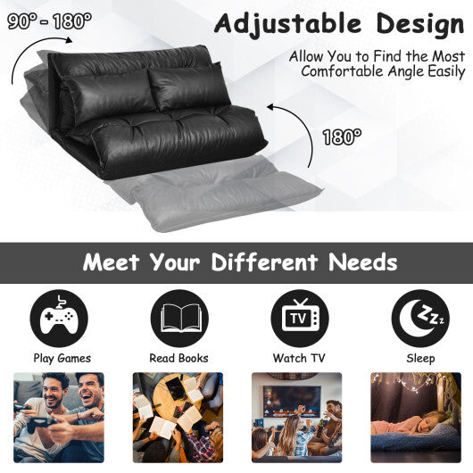 Foldable PU Leather Leisure Floor Sofa Bed with 2 Pillows-Black W2B