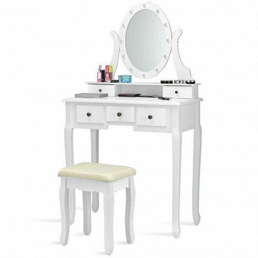 5 Drawers Vanity Table Stool Set with 12-LED Bulbs-Black W2B