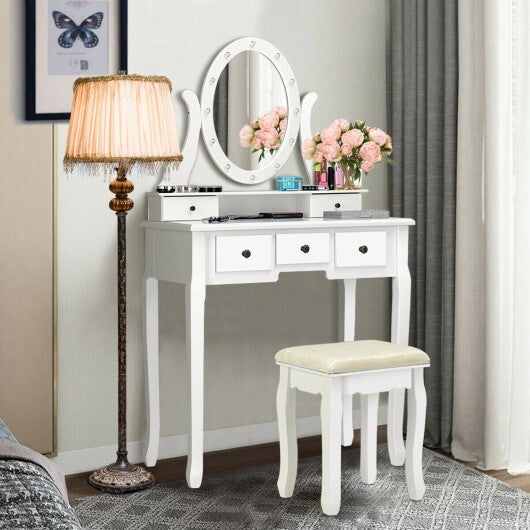 5 Drawers Vanity Table Stool Set with 12-LED Bulbs-Black W2B