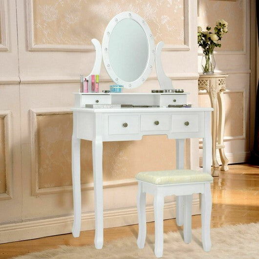 5 Drawers Vanity Table Stool Set with 12-LED Bulbs-Black W2B