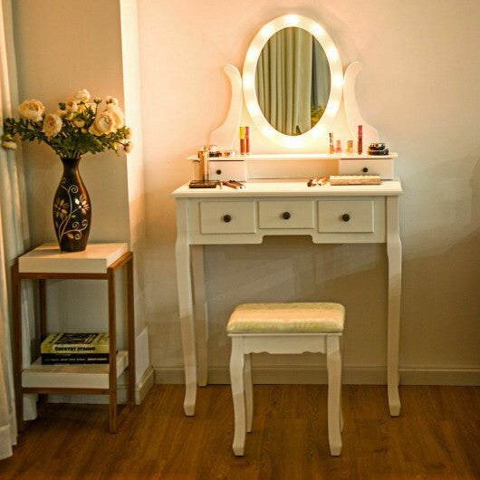 5 Drawers Vanity Table Stool Set with 12-LED Bulbs-Black W2B