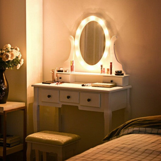 5 Drawers Vanity Table Stool Set with 12-LED Bulbs-Black W2B
