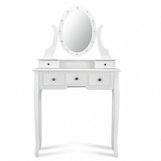 5 Drawers Vanity Table Stool Set with 12-LED Bulbs-Black W2B