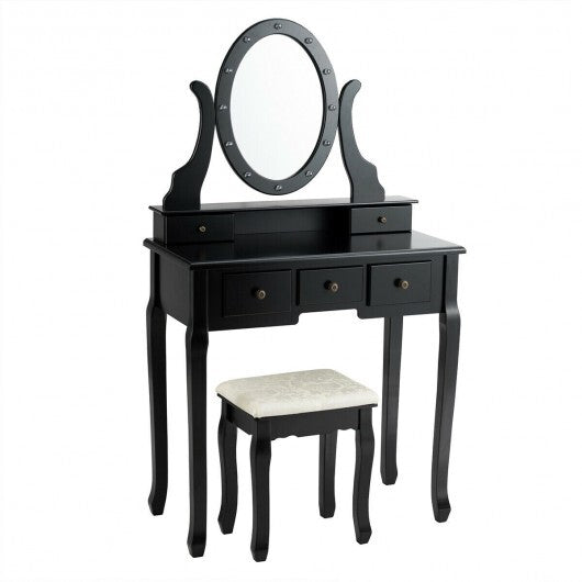 5 Drawers Vanity Table Stool Set with 12-LED Bulbs-Black W2B
