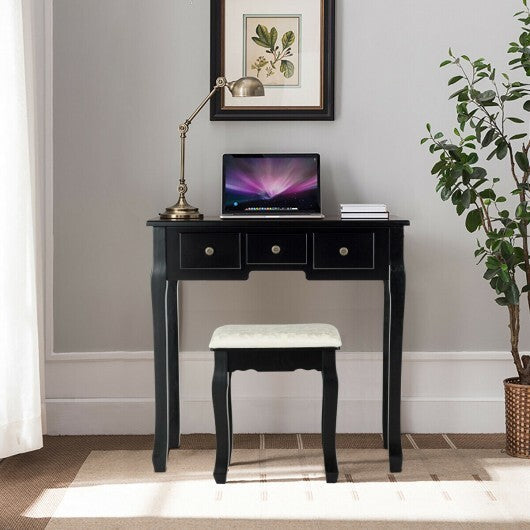 5 Drawers Vanity Table Stool Set with 12-LED Bulbs-Black W2B