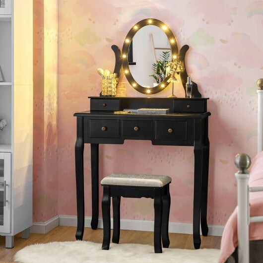 5 Drawers Vanity Table Stool Set with 12-LED Bulbs-Black W2B