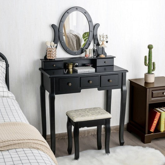 5 Drawers Vanity Table Stool Set with 12-LED Bulbs-Black W2B
