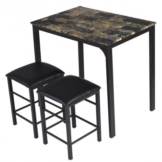 3 Piece Counter Height Dining Set Faux Marble Table-Brown