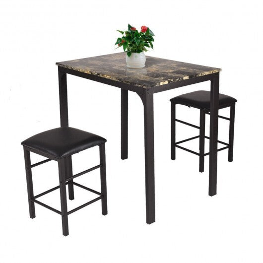 3 Piece Counter Height Dining Set Faux Marble Table-Brown