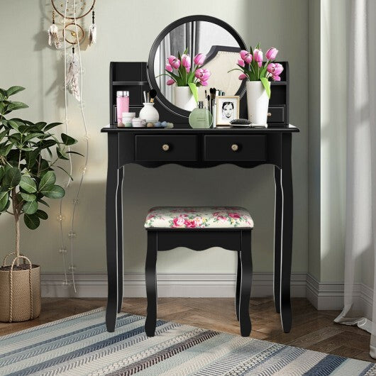 Makeup Vanity Table Set Girls Dressing Table with Drawers Oval Mirror-Black - Color: Black W2B
