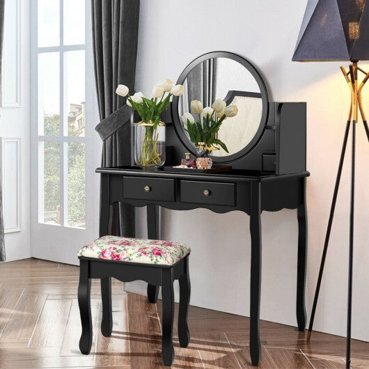 Makeup Vanity Table Set Girls Dressing Table with Drawers Oval Mirror-Black - Color: Black W2B