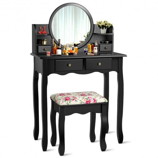 Makeup Vanity Table Set Girls Dressing Table with Drawers Oval Mirror-Black - Color: Black W2B