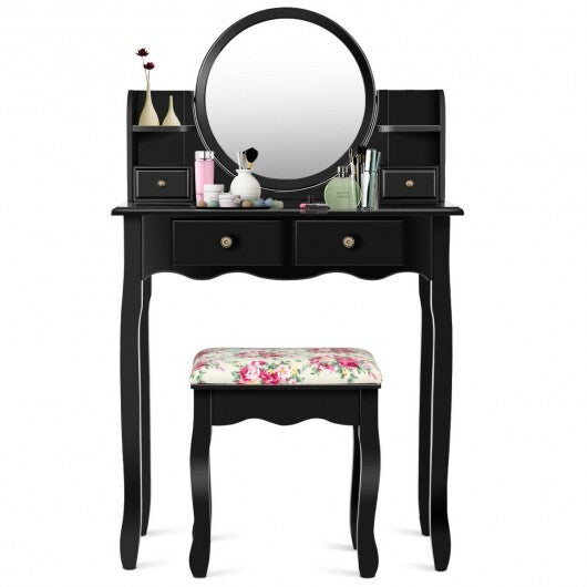 Makeup Vanity Table Set Girls Dressing Table with Drawers Oval Mirror-Black - Color: Black W2B