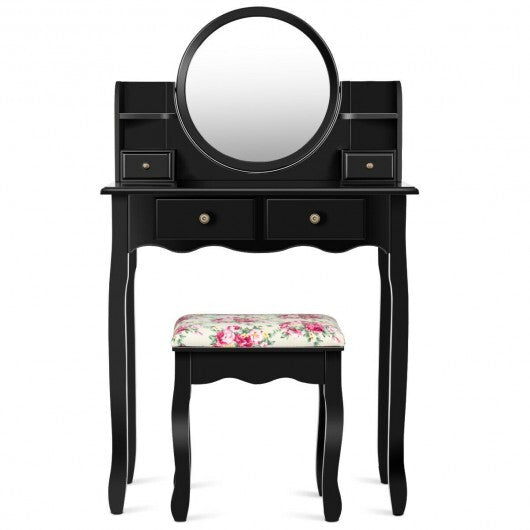 Makeup Vanity Table Set Girls Dressing Table with Drawers Oval Mirror-Black W2B